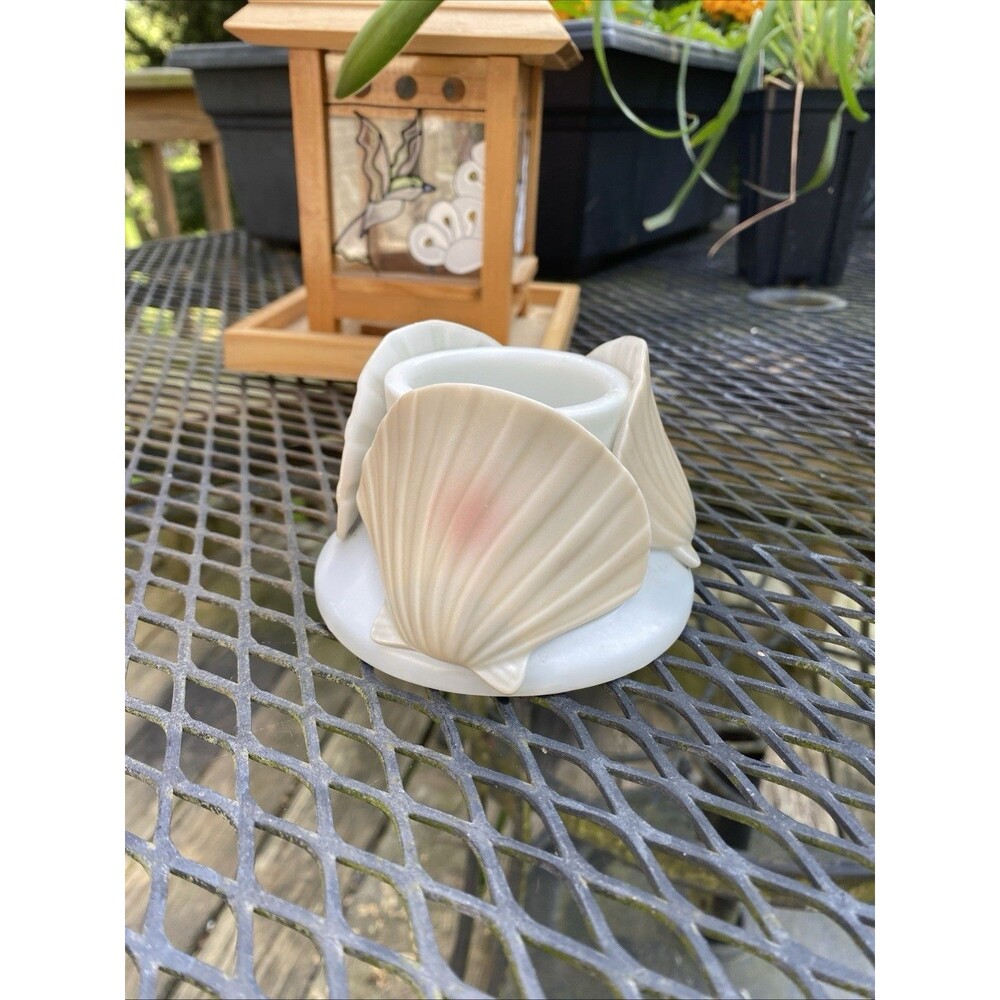 Vtg PORCELAIN CLAM SHELL VOTIVE CANDLE HOLDER  GREY JAPAN Ocean Summer Beach 80’